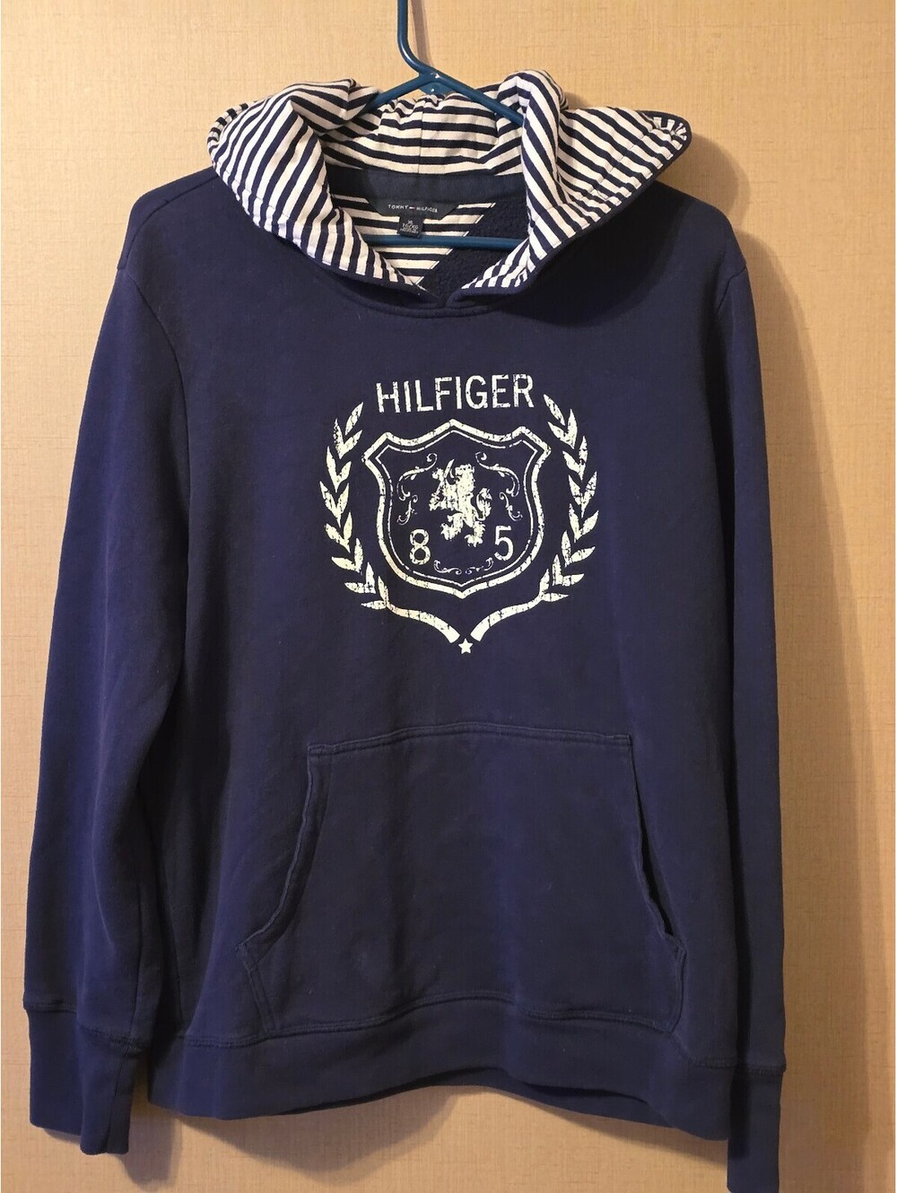 Tommy Hilfiger Hoodie Womens XL Blue Striped Hood Distressed 1985 Crest Graphic